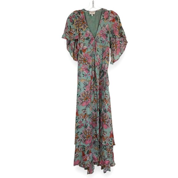 Floral Wrap Maxi Dress Cottagecore Fairy Blue Pink Medium - Picture 1 of 11